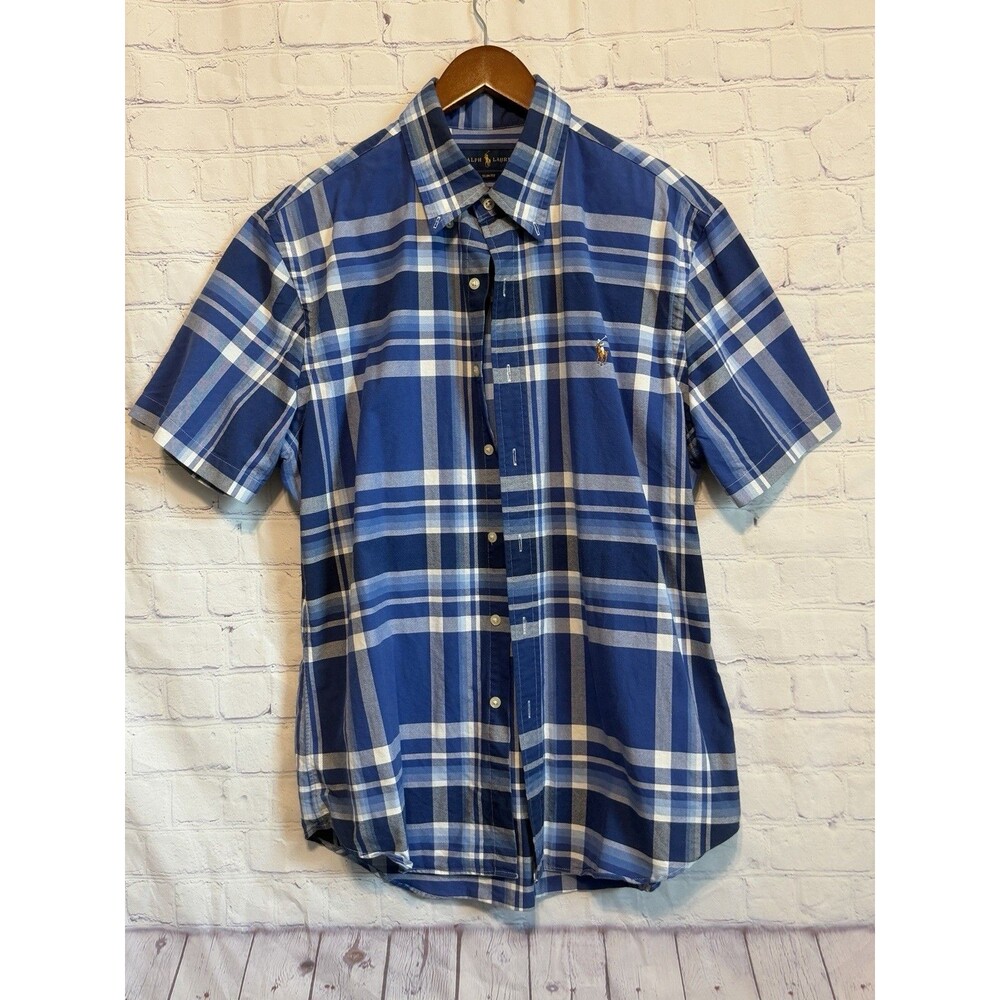 Polo Ralph Lauren Shirt Mens L Slim Fit Blue Plaid Oxford Button Front SS